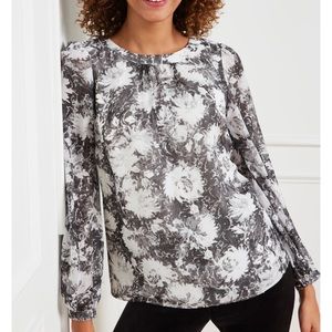 Talbots Floral Scrolls Tie Back Blouse Black White Floral Metallic NWT-Small